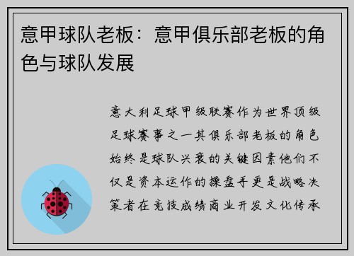 意甲球队老板：意甲俱乐部老板的角色与球队发展