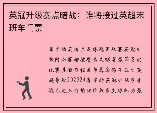 英冠升级赛点暗战：谁将接过英超末班车门票