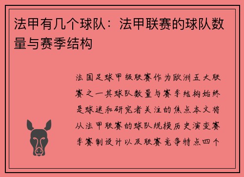 法甲有几个球队：法甲联赛的球队数量与赛季结构